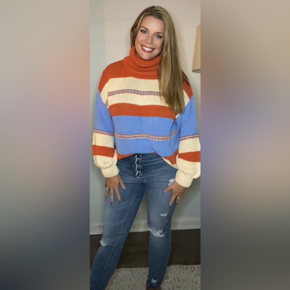 Bold and Cozy Orange Turtleneck Color Block Balloon Sleeves Knit Sweater